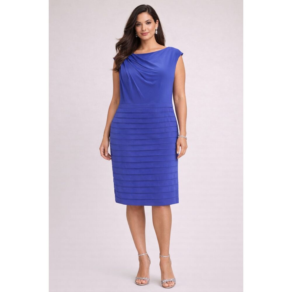 Adrianna Papell Indigo Ruched Asymmetric Sheath Cocktail Midi Dress 14W NWT